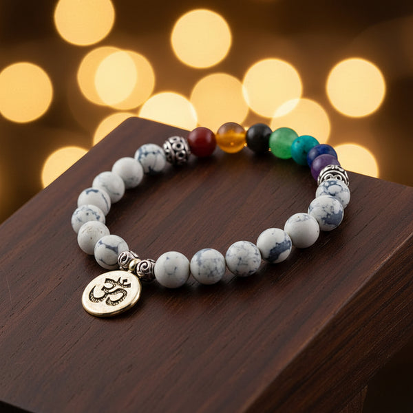 Chakra Elastic Bracelet, 8mm Howlite Beads with Om