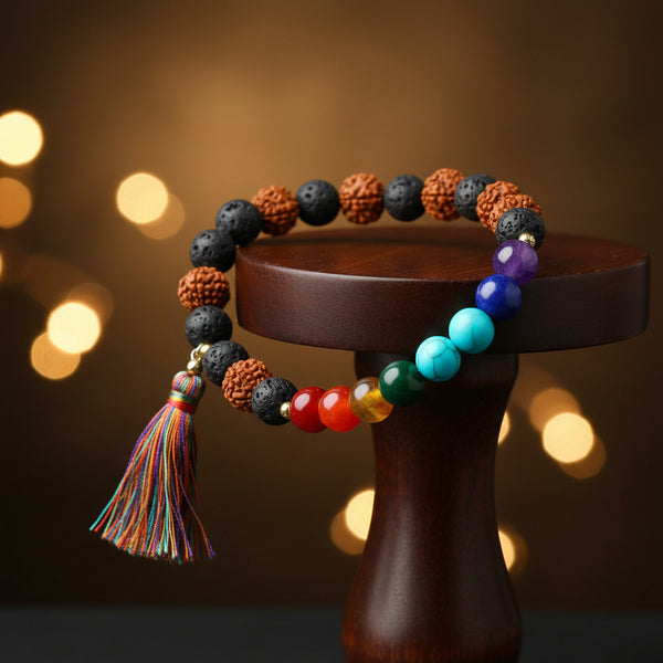 Chakra Elastic Bracelet, 8mm Lava Stone and Rudraksha Beads