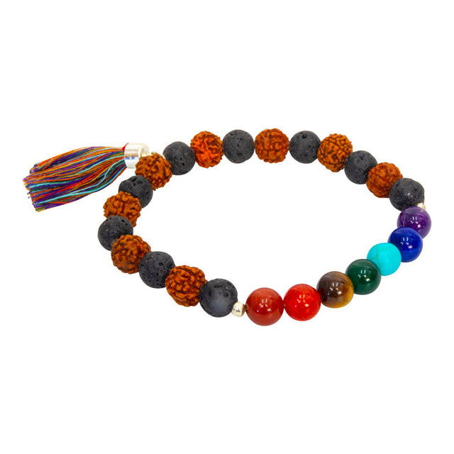 Chakra Elastic Bracelet, 8mm Lava Stone and Rudraksha Beads