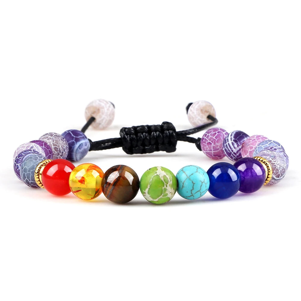 Chakra healing volcanic stone bracelet for meditation, aromatherapy, and energy-cleansing routines.
