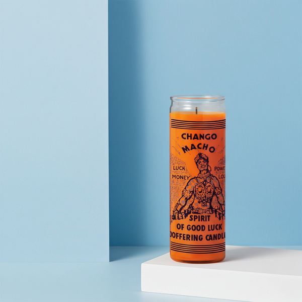 Chango Macho Spirit of Good Luck orange 7 day candle for spiritual luck work, prayer, and altar use.