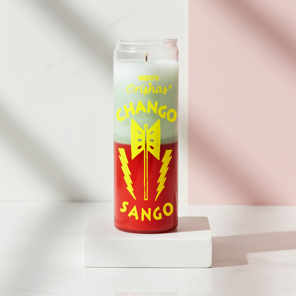 CHANGO-ORISHAS red and white 7 day candle glass prayer candle for spiritual rituals, altar work, and devotional use.