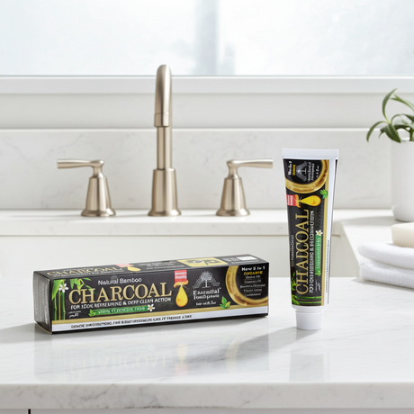 Charcoal Essential Toothpaste tube for daily brushing, oral hygiene, and fresh breath care.