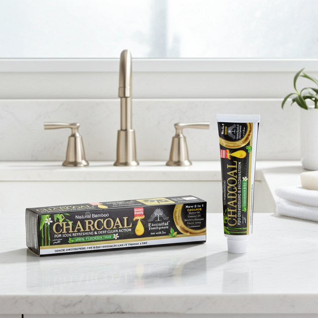 Charcoal Essential Toothpaste tube for daily brushing, oral hygiene, and fresh breath care.