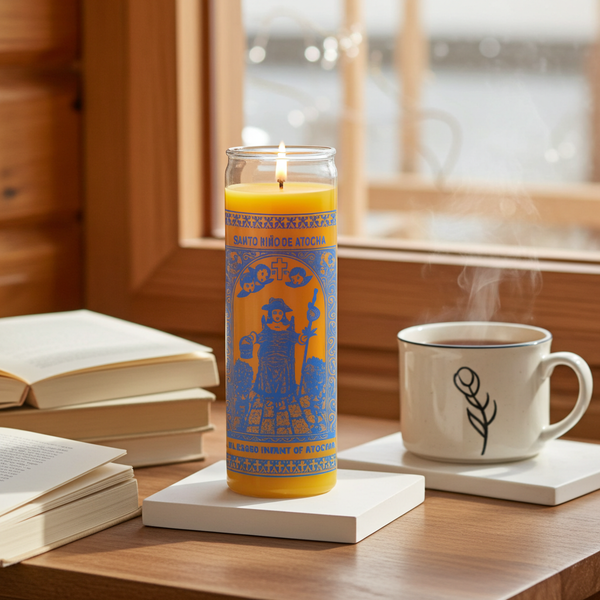 Child of Atocha gold 7 day candle in glass jar for prayer, devotional altar use, and spiritual practice.