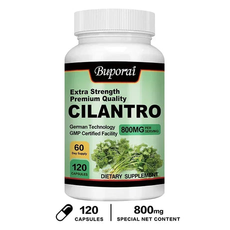 Cilantro dietary supplement bottle for plant-based antioxidant support, daily wellness, and herbal use.