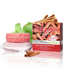Cinnamomum Herbal Solid Shampoo Bar with branded box and organic cinnamon on white background.
