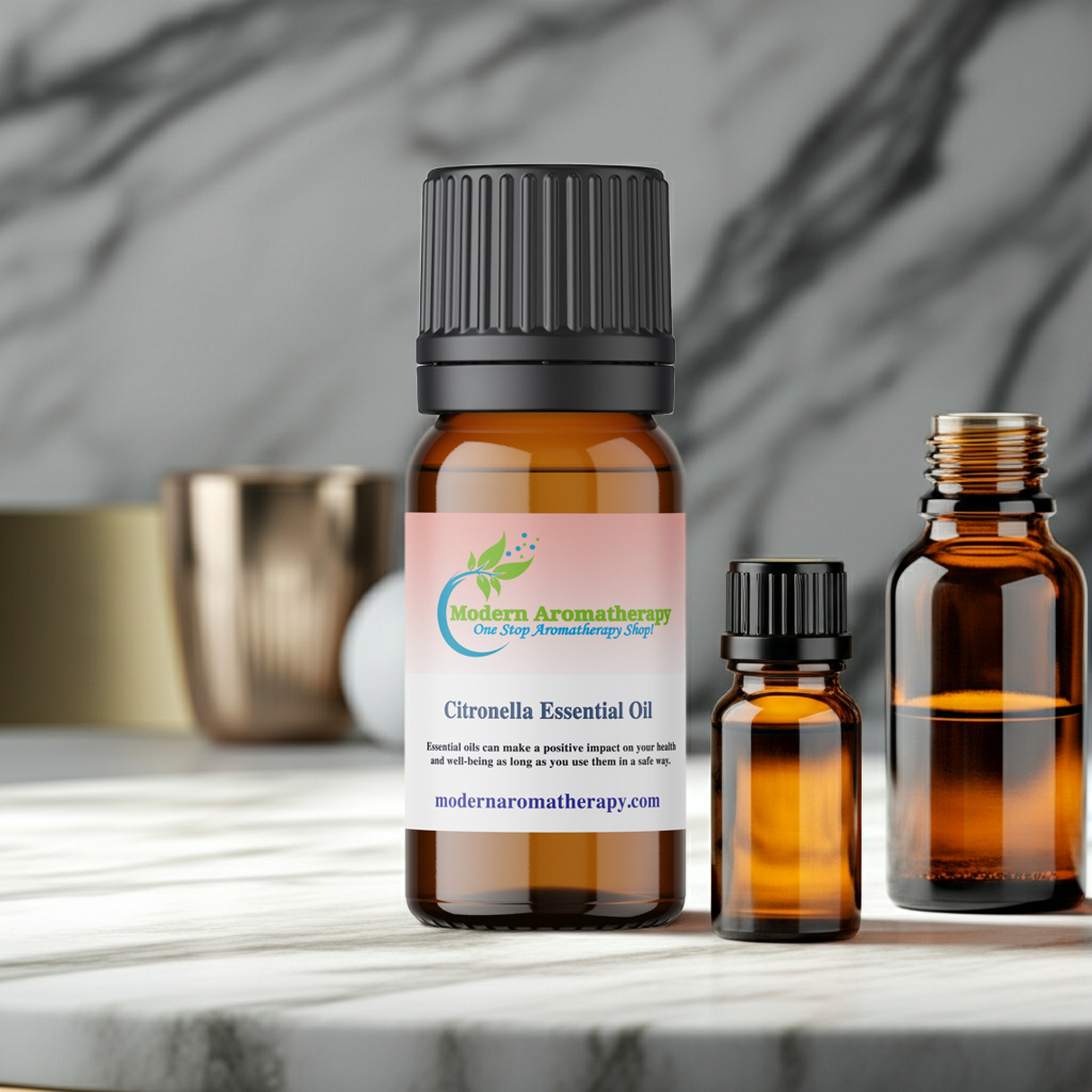 Citronella essential oil bottle for natural outdoor use, fresh diffuser blending, and lemony aromatic applications.