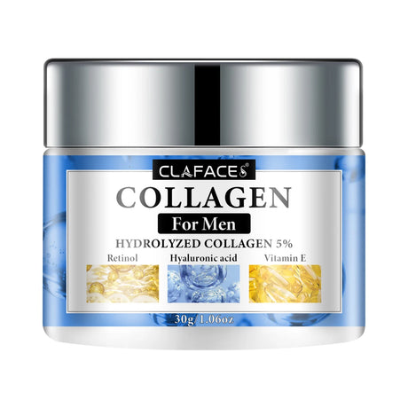CLAFACES Smooth Wrinkle Cream for Men blue and silver packaging and jar on white background.