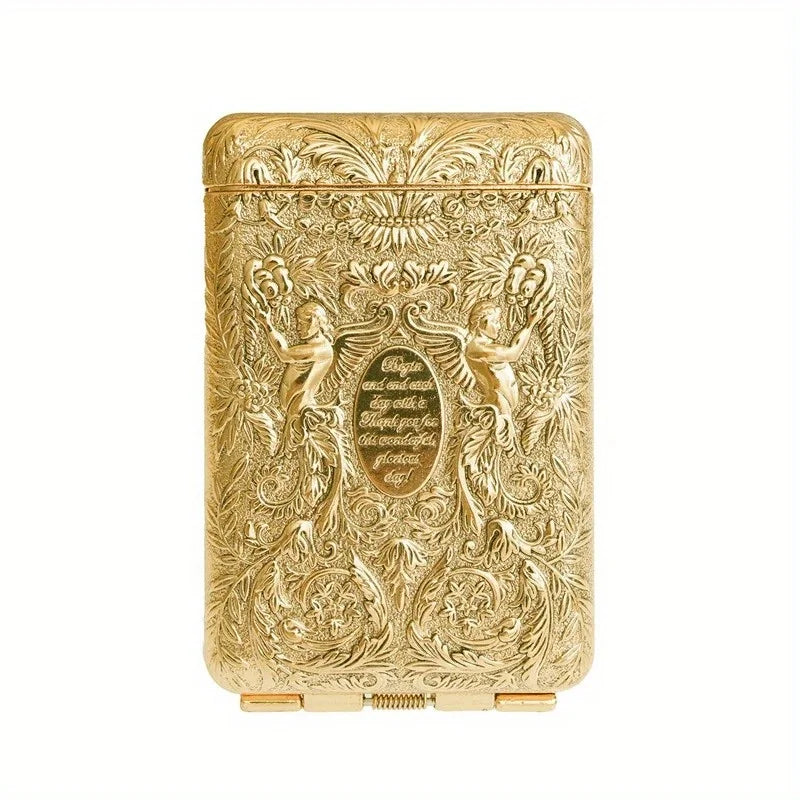 Classic retro metal cigarette case with engraved design for cigarette storage, portability, and daily carry.