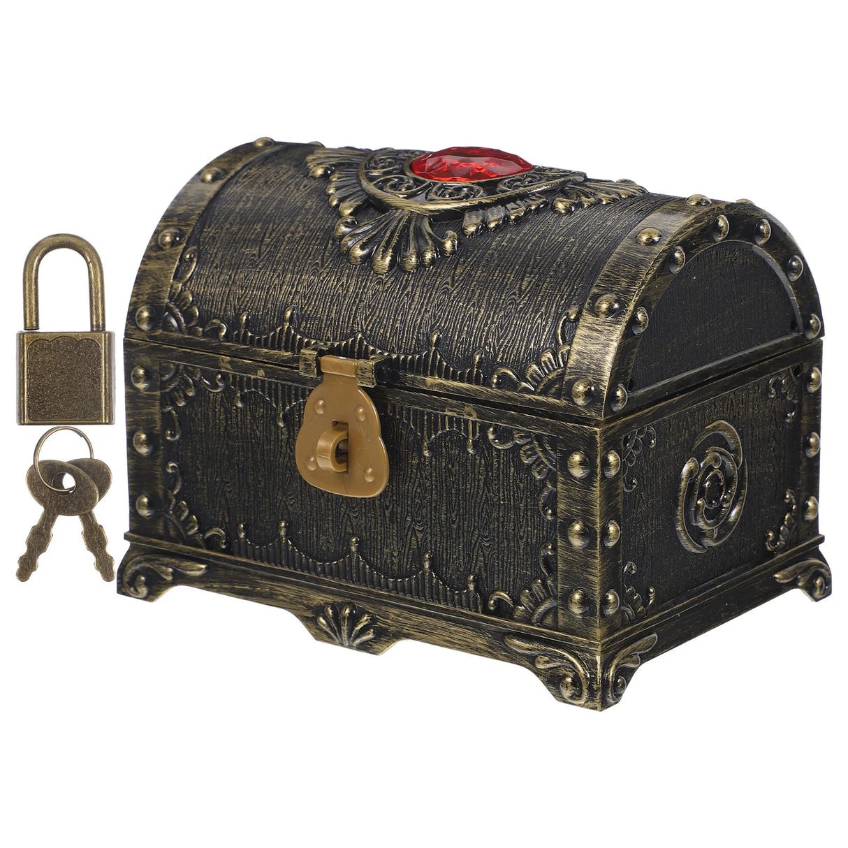 Classic wooden pirate treasure keepsake box for storing tiny treasures, party favors, and collectible items.