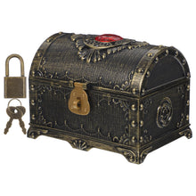 Classic wooden pirate treasure keepsake box for storing tiny treasures, party favors, and collectible items.