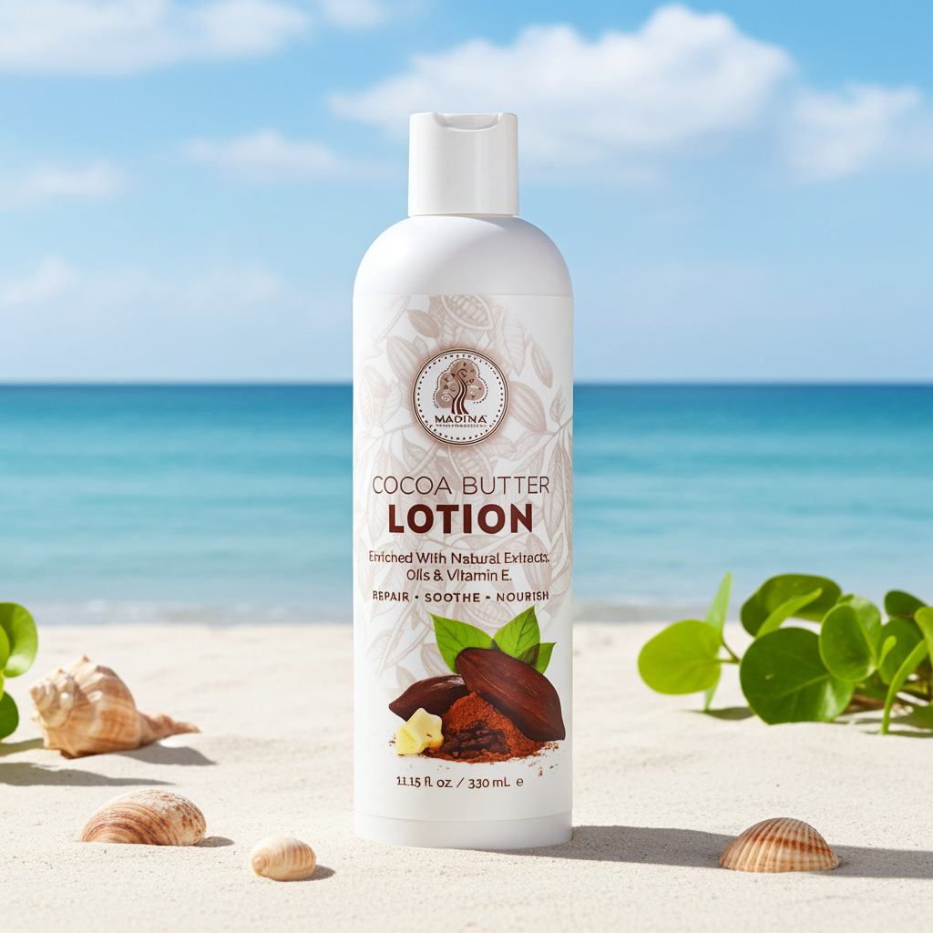 Cocoa Butter Lotion by Madina in bottle form for moisturizing dry skin, smoothing rough areas, and daily body care.