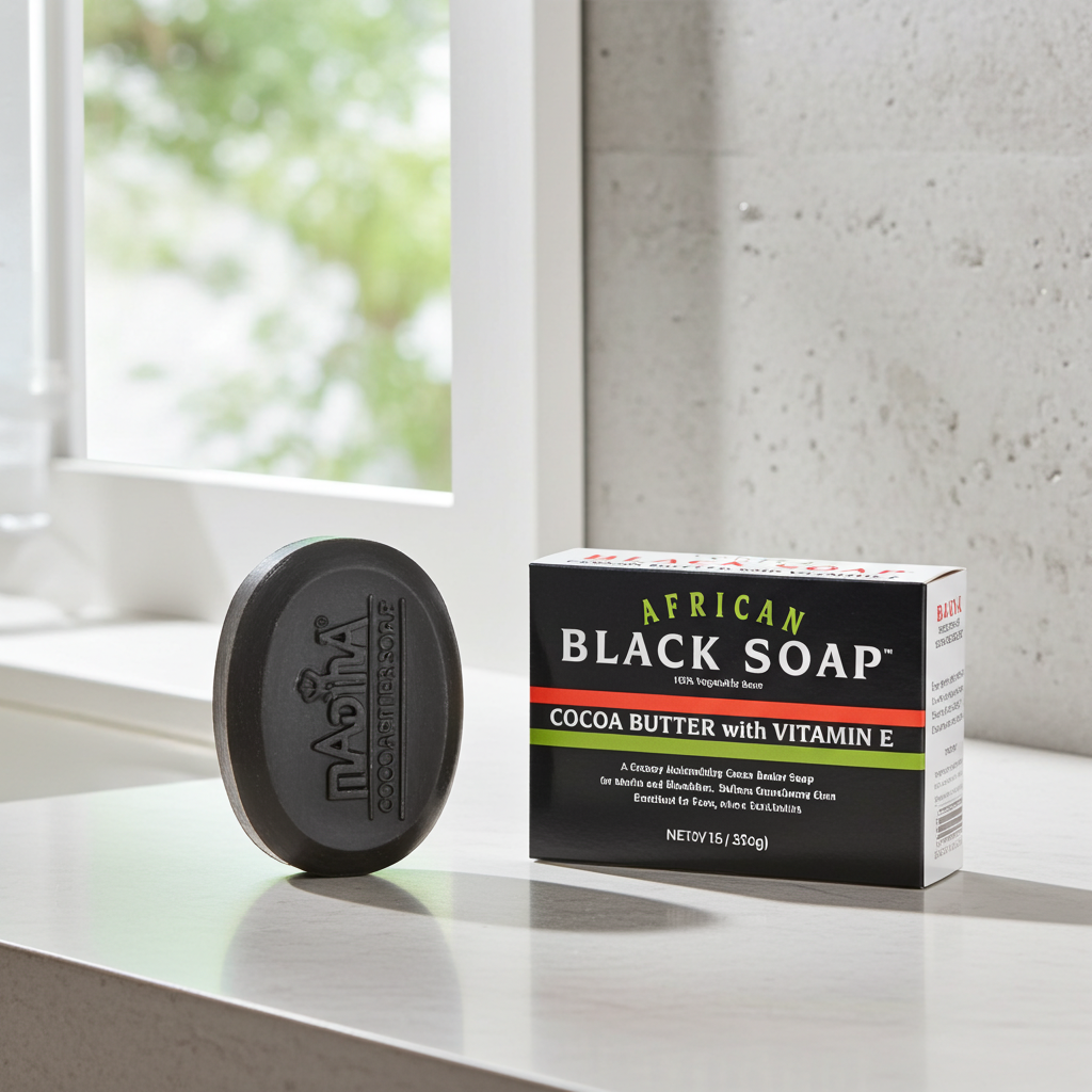 African Black Soap with Cocoa Butter and Vitamin E bar for body cleansing, bathing, and regular skin care use.