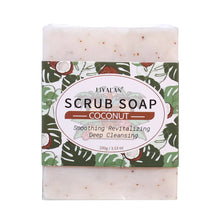 Coconut Exfoliating Scrub Soap with coconut-themed label for daily body exfoliation and cleansing.