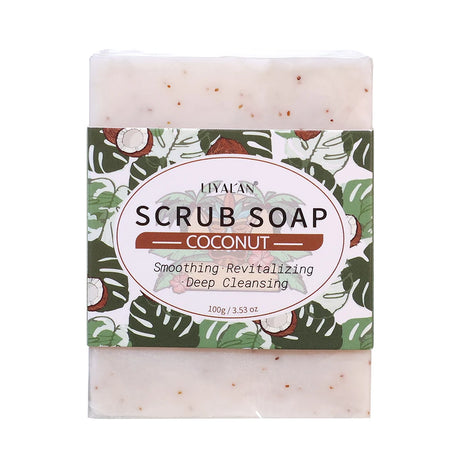 Coconut Exfoliating Scrub Soap with coconut-themed label for daily body exfoliation and cleansing.