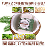 Coconut Exfoliating Scrub Soap key ingredients including coconut oil, jojoba oil, and botanical extracts.