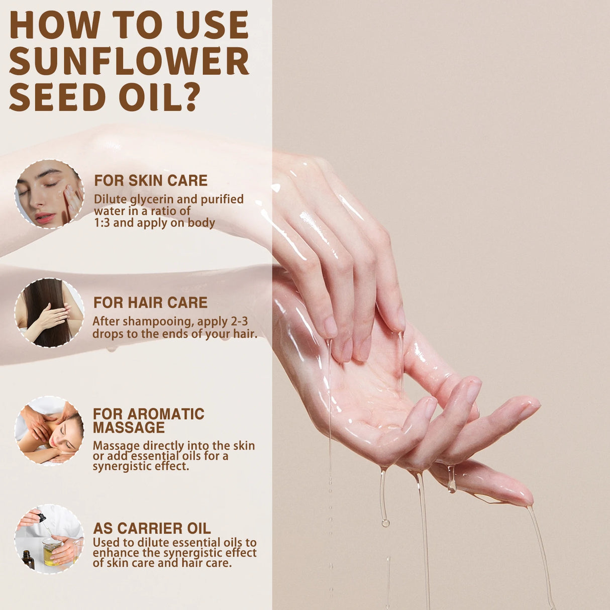 Coconut oil treatment oil for dry skin, face care, hair nourishment, and relaxing body massage use.