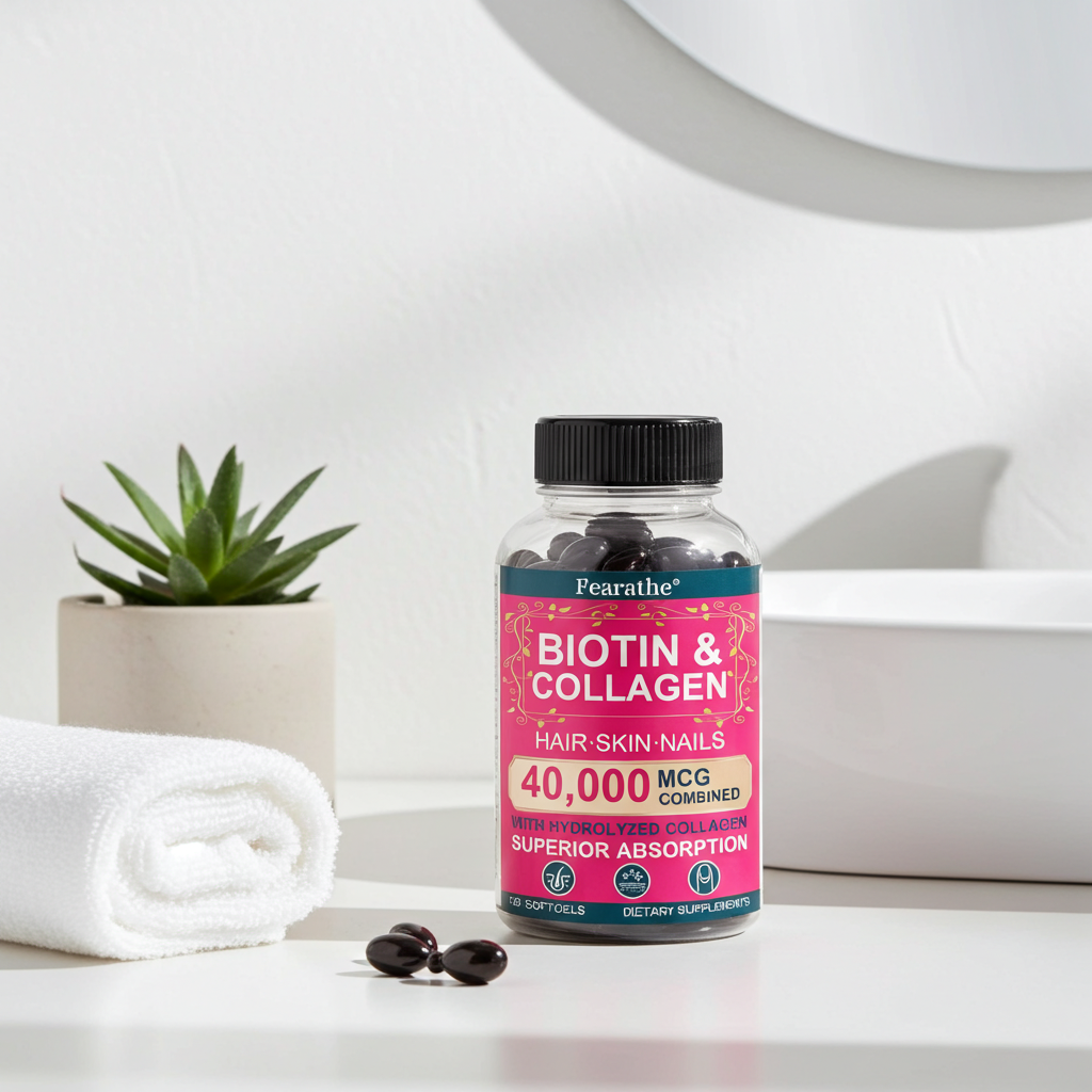 Collagen and Biotin capsules bottle for beauty support, hair nourishment, and skin and nail care.