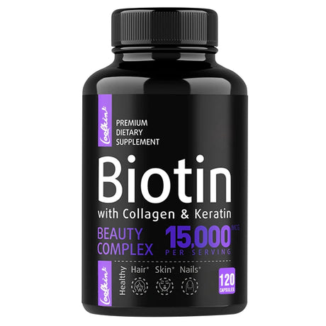 Biotin Collagen Hair, Skin & Nails capsules bottle for beauty support use, helping maintain hair health, skin care, and nail strength.
