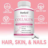 Collagen Complex + Hyaluronic Acid & Biotin skin hair nails supplement bottle for beauty support, skin elasticity, and hair wellness.