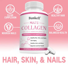 Collagen Complex + Hyaluronic Acid & Biotin skin hair nails supplement bottle for beauty support, skin elasticity, and hair wellness.