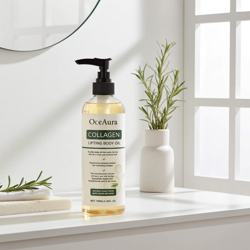 OceAura collagen body and massage oil bottle displayed for smooth skin and massage use.