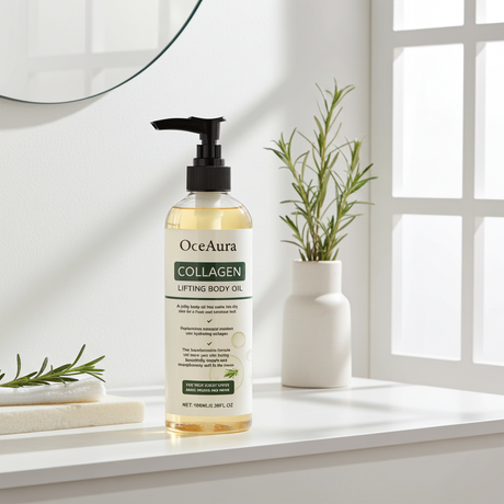 OceAura collagen body and massage oil bottle displayed for smooth skin and massage use.