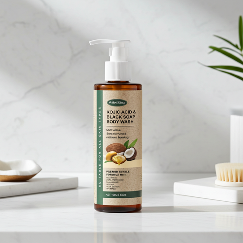 Collagen Kojic Acid Body Wash bottle for brightening skin, daily cleansing, and smooth body care.