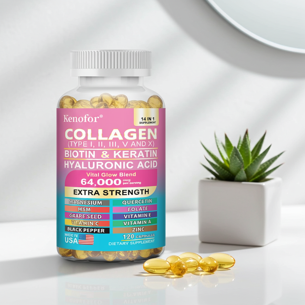 14-in-1 Collagen Capsules bottle with biotin and keratin complex for collagen support and beauty care use.