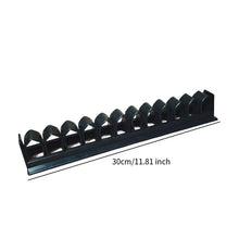 Collectible wand display stand rack for showcasing, organizing, and storing up to 11 wizard wand collectibles.