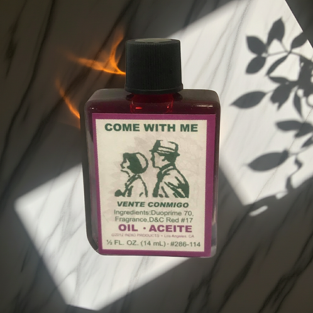Come With Me Wish Oil bottle of dressing oil for candle anointing, prayer work, and ritual application.