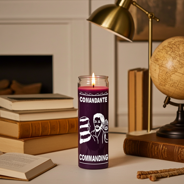 Commanding Black Candle purple 7 day candle in glass jar for spiritual work, intention setting, and ritual use.