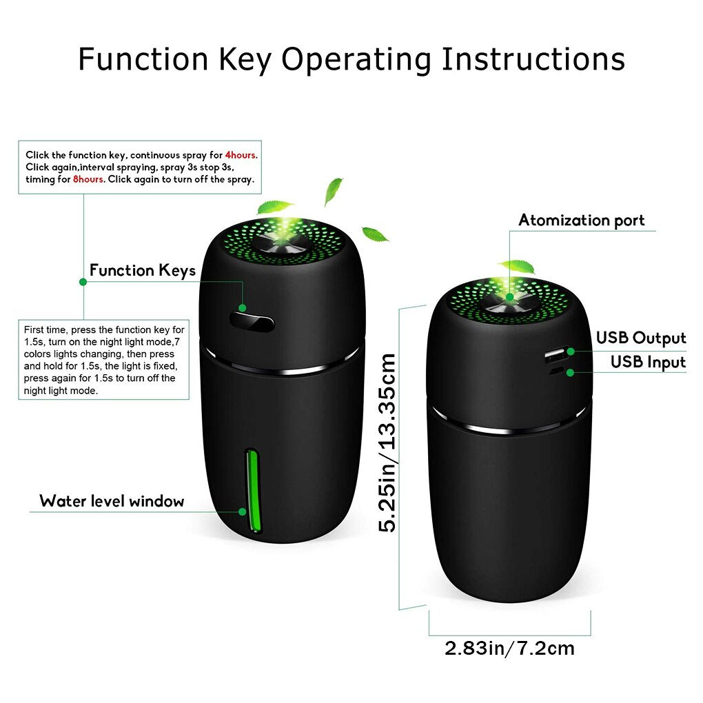Compact USB humidifier air diffuser with 7 color light for moisturizing indoor air, essential oil diffusion, and decorative mood lighting.