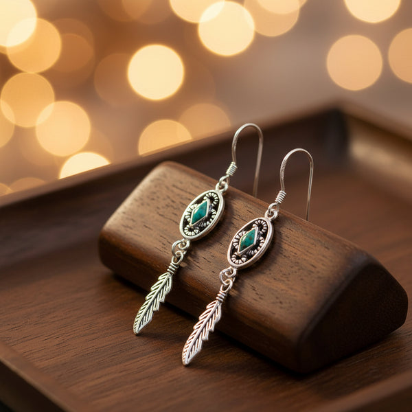 Concho-Style Feather Earrings with Turquoise, Sterling Silver