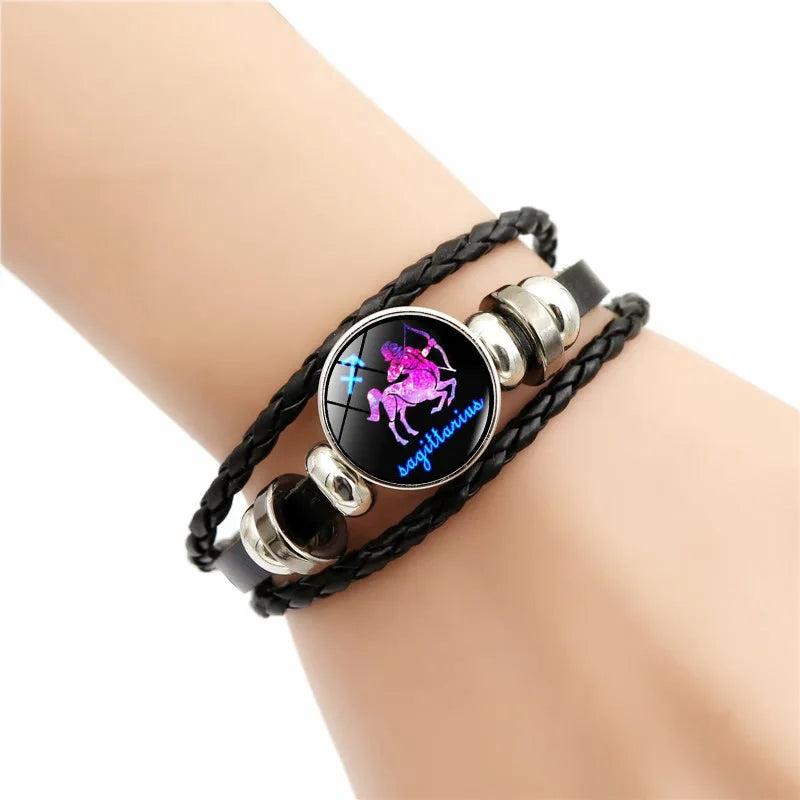 Constellation charm bracelet in leather for astrology lovers, casual styling, and symbolic fashion use.