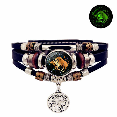 Constellation leather bracelet with luminous zodiac theme for celestial styling, casual outfit pairing, and everyday unisex wear.