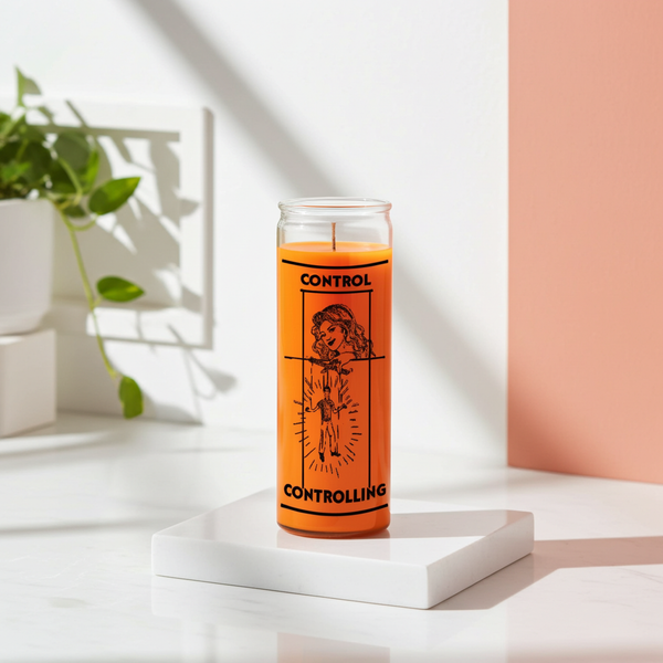 Controlling orange 1 color 7 day candle in glass jar for spiritual control work, intention setting, and ritual candle use.