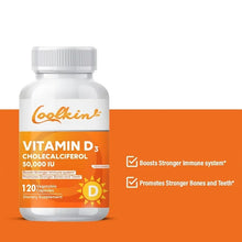 Coolkin D3 50,000 IU dietary supplement capsules bottle for vitamin D supplementation and daily nutrition use.