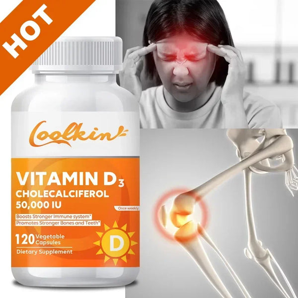 Coolkin High Potency Vitamin D3 50,000 IU capsules bottle for vitamin D supplementation and routine wellness support.