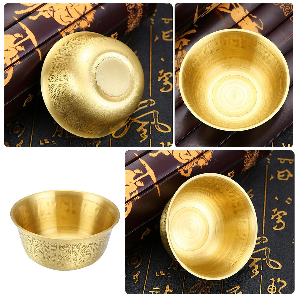 Copper offering bowl in golden Tibetan style for Buddhist altar offerings, meditation rooms, and devotional practice.