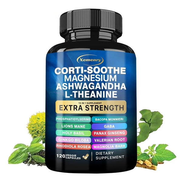 Corti-Soothe Cortisol Support Capsules with Magnesium bottle of dietary capsules for stress support, relaxation, and daily wellness use.