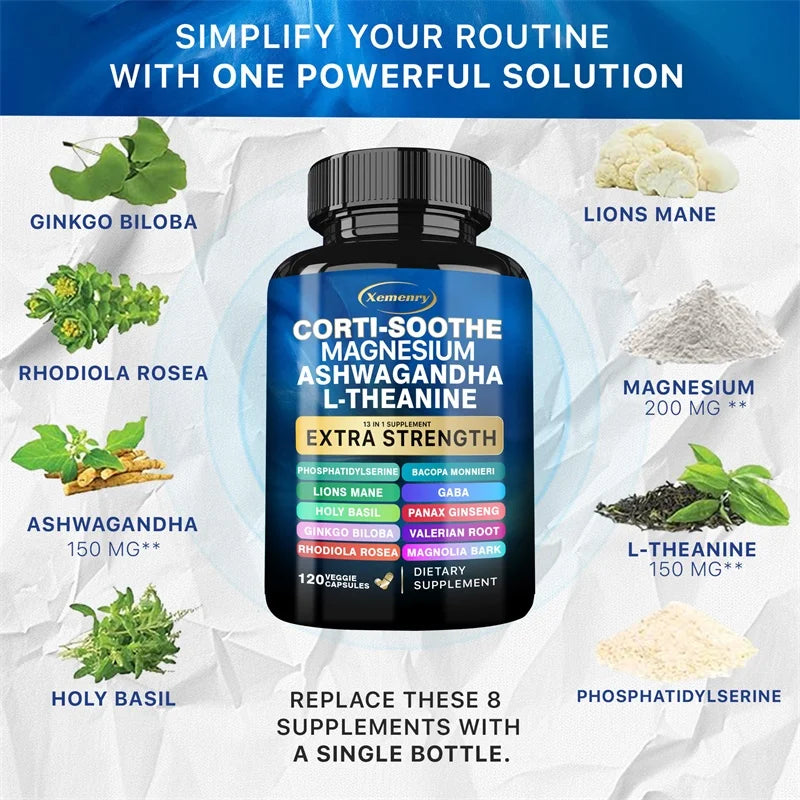 Corti-Soothe stress support capsules with magnesium bottle for promoting relaxation and daily adrenal wellness support.