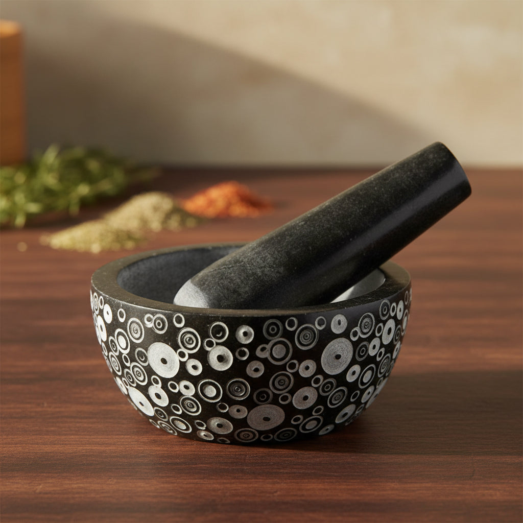 Cosmos Design carved black soapstone mortar and pestle, 5 inch by 2 inch
