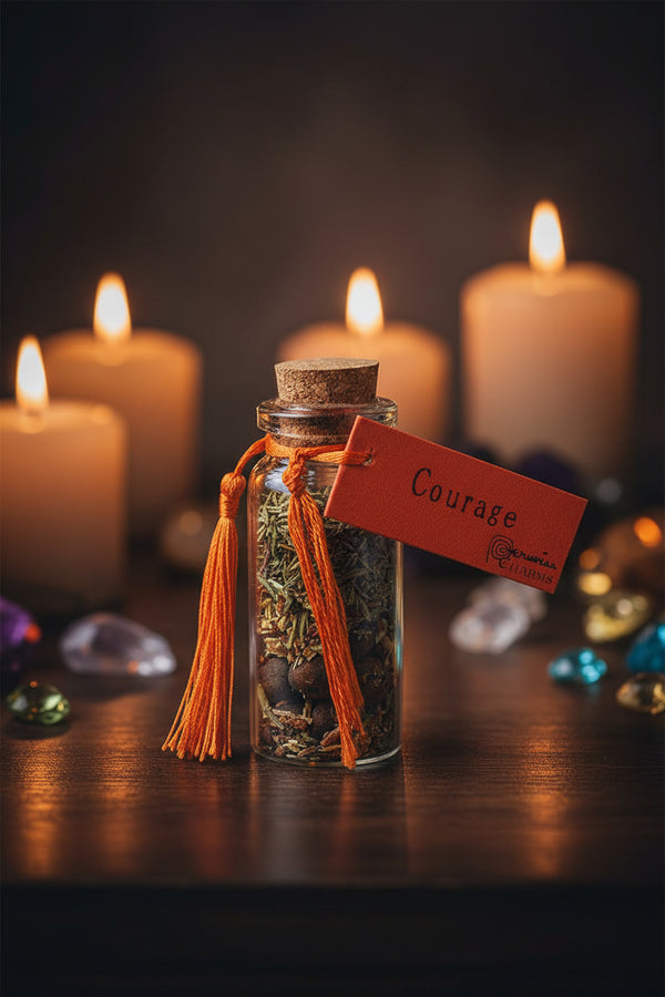 Courage pocket spell bottle with herbs and stones