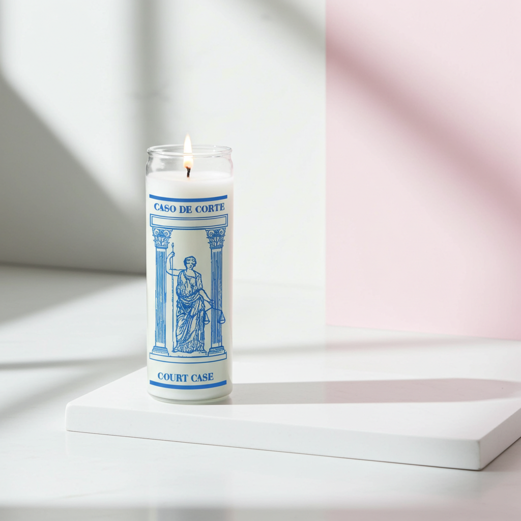Court Case white 1 color 7 day candle glass jar candle for legal prayers, courtroom support, and spiritual petition work.