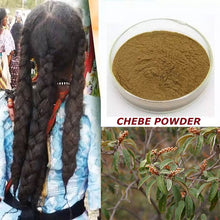 Crazy Growth Oil with Chebe Powder showing braided hair, chebe powder in container, and chebe plant leaves.