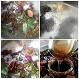 Crazy Growth Oil with Chebe Powder production process showing herbs and liquid blend.