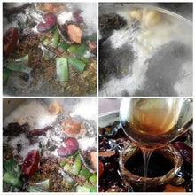 Crazy Growth Oil with Chebe Powder production process showing herbs and liquid blend.