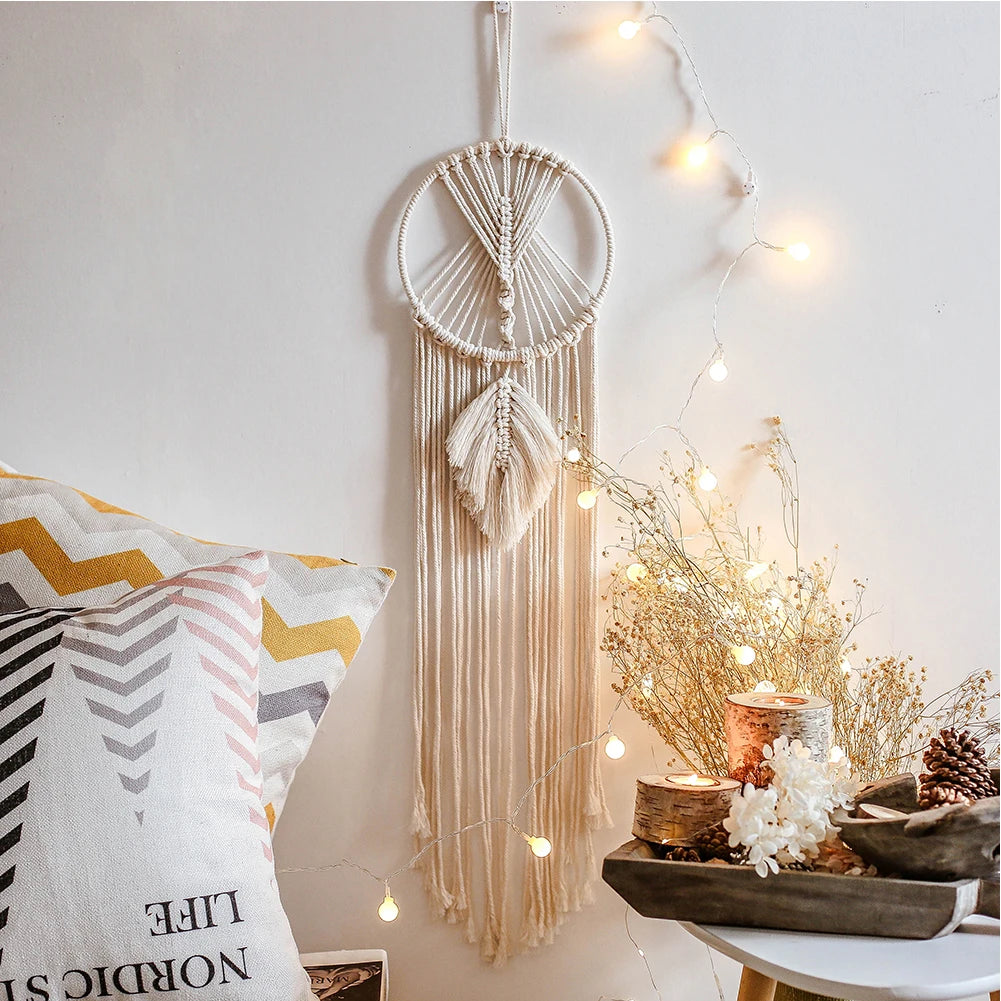 Crescent moon macrame dream catcher hanging for nursery wall decor, spiritual room styling, and dreamy boho interior design.